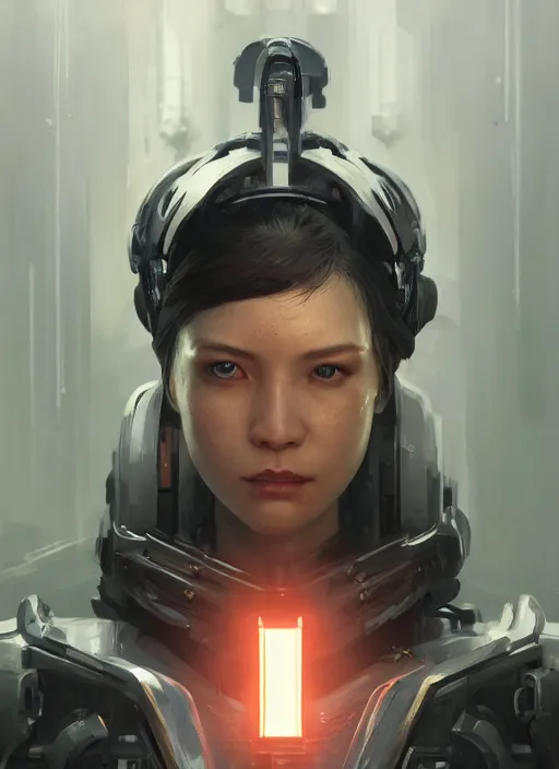 Image similar to A portrait of a female cyborg by Greg Rutkowski, Sung Choi, Mitchell Mohrhauser, Maciej Kuciara, Johnson Ting, Maxim Verehin, Peter Konig, final fantasy, 8k photorealistic, cinematic lighting, HD, high details, dramatic, atmospheric , trending on artstation