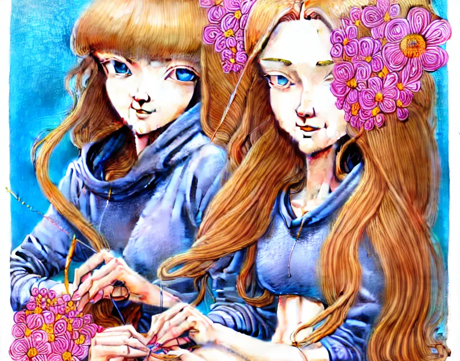 Image similar to richly detailed colored pencil 3D illustration of a beautiful English woman with long metallic hair wearing a hoodie and short shorts,she is sewing thread drawings of flowers into her own thighs. mirrored background with completely rendered reflections, art by Range Murata and Artgerm.