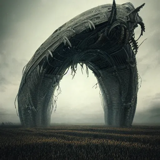 Image similar to large ominous alien structure in the middle of a corn field, dark, moody, highly detailed, trending on artstation, concept art, sharp focus, octane render, dramatic volumetric lighting, art by hr giger