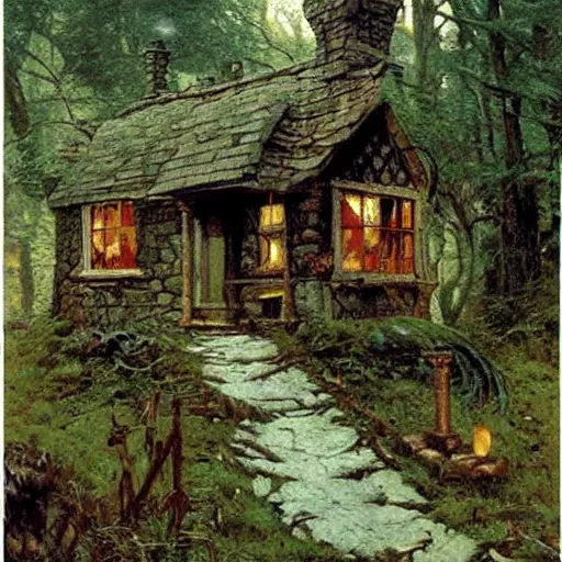 Image similar to witch cottage in the forest, art by norman rockwell and donato giancola and greg rutkowski, vintage art, realistic