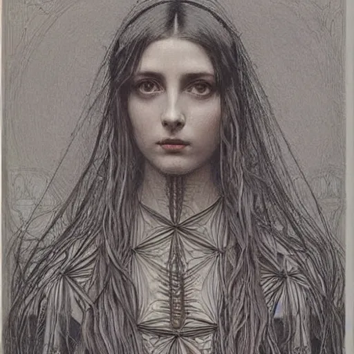 Prompt: Symmetric pre-raphaelite painting of a beautiful dark woman with dark hair in a very detailed grey dressby JW Waterhouse, surrounded by an extremely detailed dark black highly detailed mathematical drawings of neural networks and geometry, extremely detailed mathematical drawings of geometry and networks by Giger