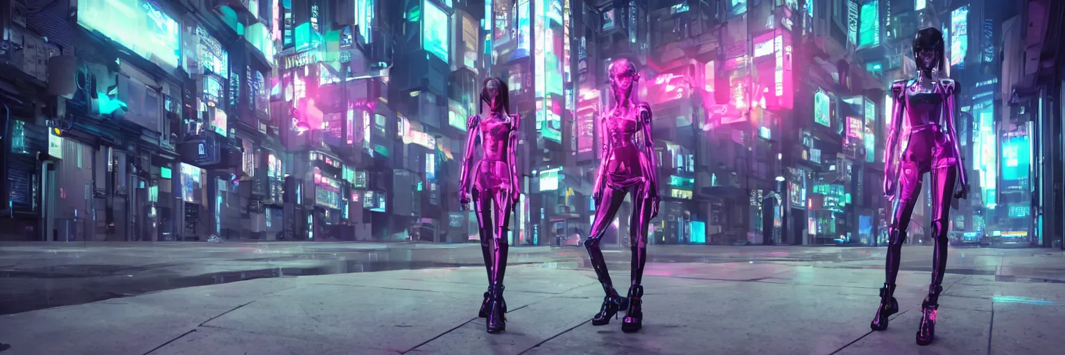 Image similar to a cyberpunk fashion girl wearing street urban futuristic cyberpunk clothing walking in a cyberpunk street inspired by ghost in the shell there are advertising holograms and neon signs in the street and a neon mecha robot with decals all over it, 3d scene, render, ultra realistic, ray tracing, night time, volumetric light, artstation, cgsociety, level design, unreal engine, 3d scene, zenith view