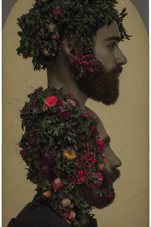 Image similar to a young man's face in profile, long beard, made of flowers and fruit, in the style of the Dutch masters and Gregory crewdson, dark and moody