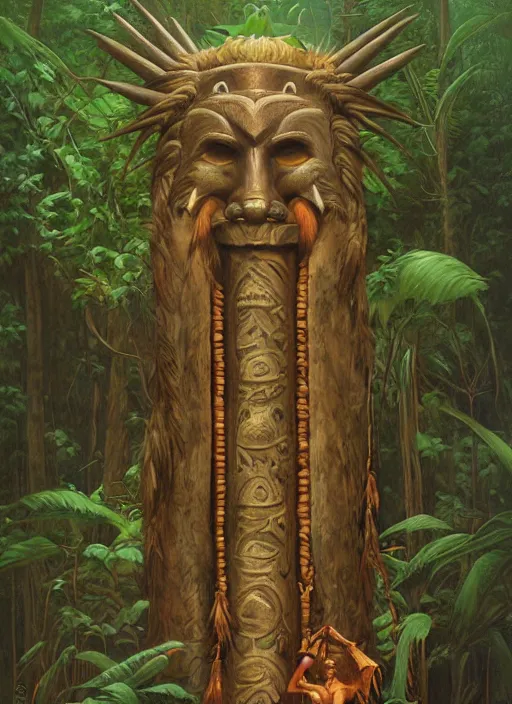 Image similar to a totem in the jungle representing amazonian shamanic tradition, tribal masks, totem, hyper detailed, art by christophe vacher