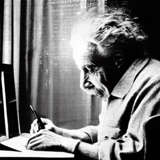 Prompt: photo, 1 9 3 3, depicting einstein writing on a desktop computer, historical record, dramatic lighting
