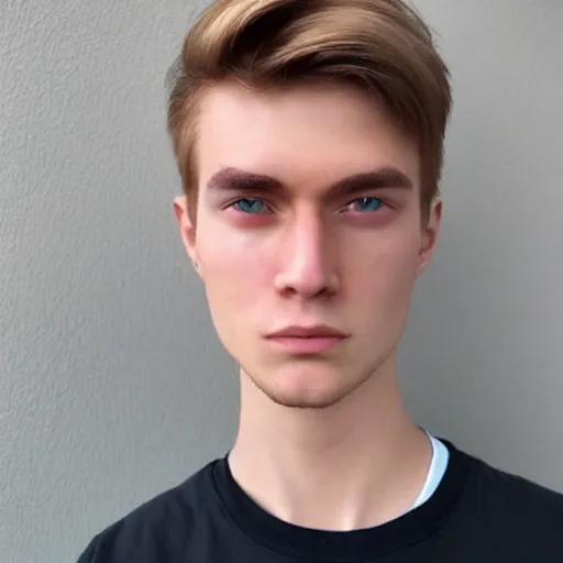 Image similar to “a realistic detailed photo of a guy who is an attractive humanoid who is half robot and half humanoid, who is a male android, twitch streamer and youtuber Ludwig Ahgren, shiny skin, posing like a statue, blank stare”