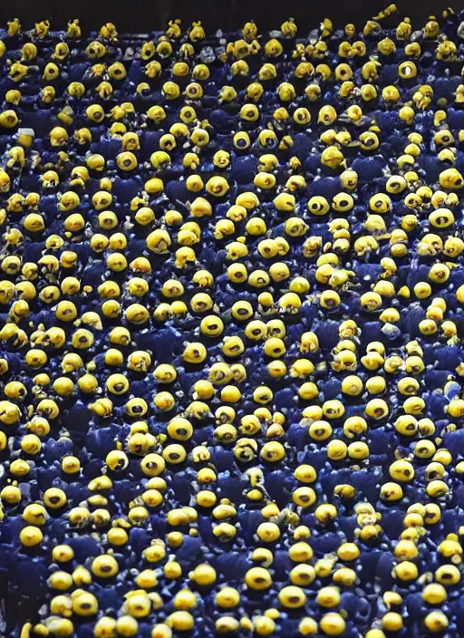 Prompt: hyperrealistic and heavy detailed moncler runway show of minions, leica sl 2 5 0 mm, vivid color, high quality, high textured, real life
