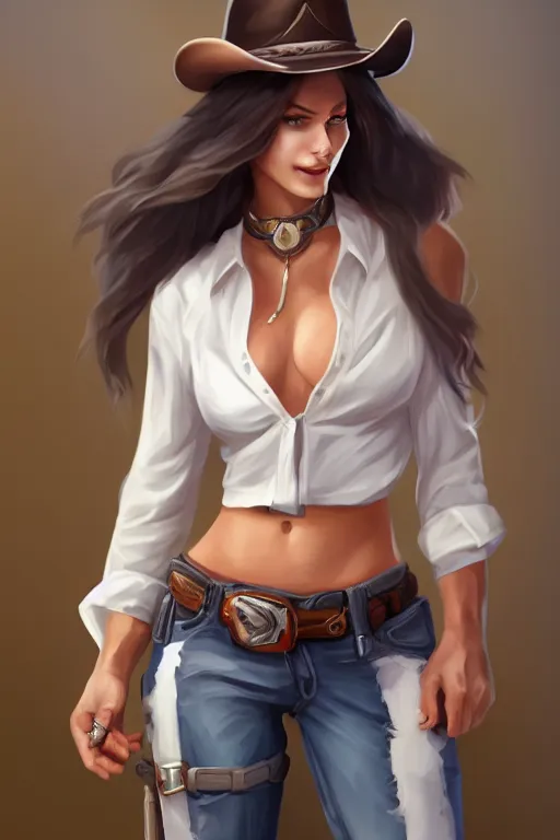 Image similar to full body, female cowgirl, perfect face, white blouse, holster, 8 k, magic the gathering, desert, d & d, artstation, high detail, smooth, muscular