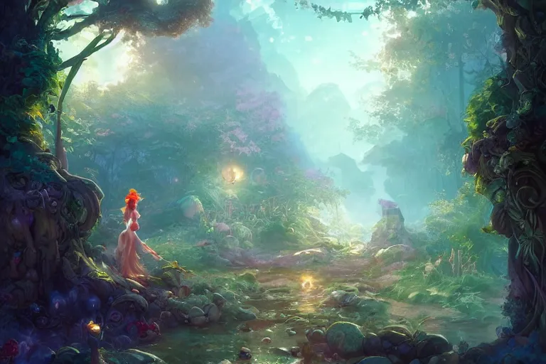 Prompt: enchanted fae garden morning light 8k resolution digital painting, Deviantart Artstation, bokeh, Behance HD by Peter Mohrbacher and Alena Aenami and Michael Whelan and Artgerm and David LaChapelle