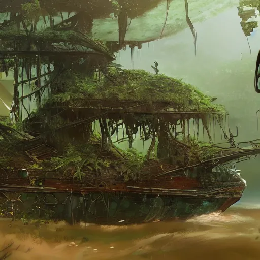 Image similar to Wrecked ship on jungle trees, 8k, detailed, concept art, trending on artstation