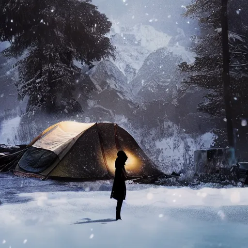 Prompt: a movie still from final fantasy live action, a traveler camping alone in the snow