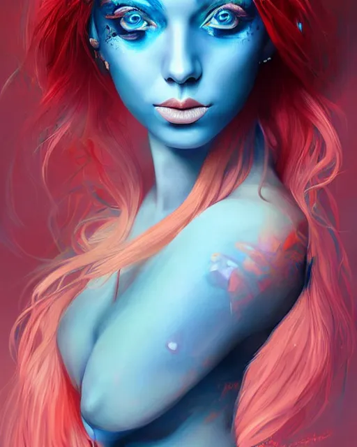 Prompt: a portrait of a beautiful woman with blue eyes and red hair, centered face, highly surrealistic art in the style of Salvador Dali and Ross Tran, highly detailed, trending on artstationhq
