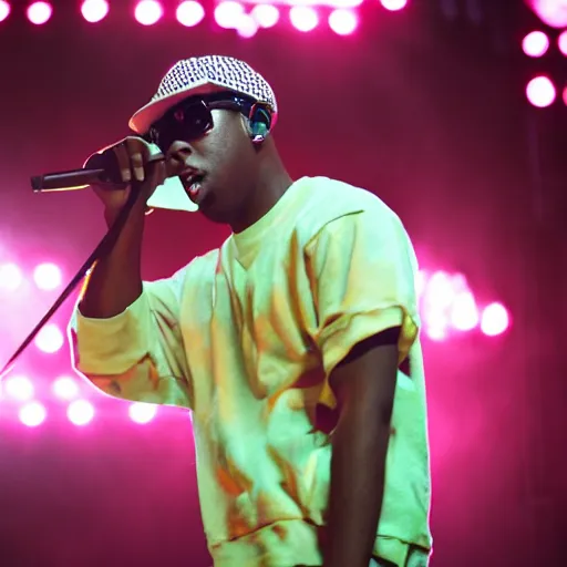 Image similar to A cinematic shot of Tyler, The Creator performing live