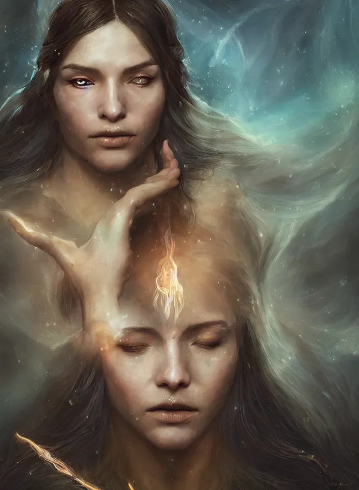 Prompt: a face portrait of a beautiful sorceress from skyrim casting a healing spell, fantasy setting, young face, serene colors, soft lighting, atmospheric, cinematic, moody, in the style of diego koi, gina heyer, luiz escanuela, art by alyssa monk, hyperrealism, rule of thirds, golden ratio, oil on canvas, 8 k