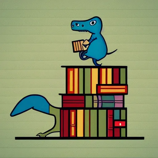 Prompt: dinosaur with books for scales, cartoon artwork, logo, clean design, minimalist