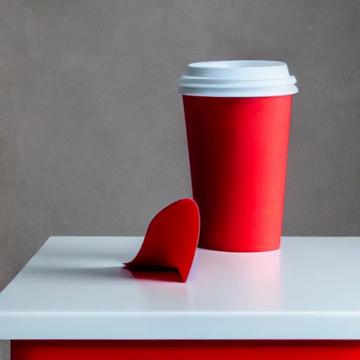 Image similar to an ultra high definition professional studio quality photograph of a red cup on a white plinth in an empty white room, a mobile phone is on top of plinth in the centre of the photograph. three point light.