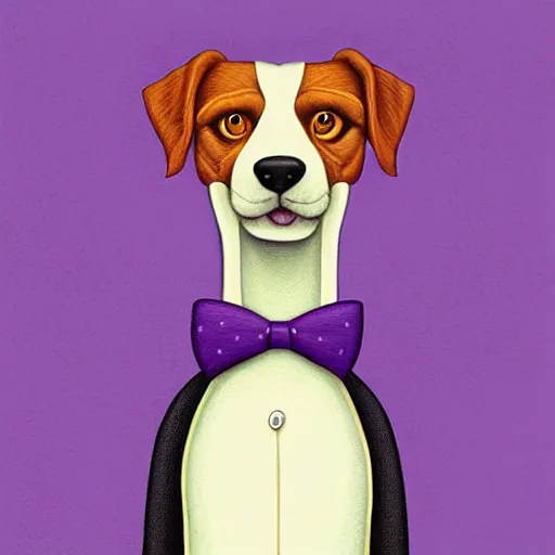 Prompt: portrait illustration of funny dog in the purple tuxedo by jeremiah ketner, quint buchholz, wlop, dan mumford