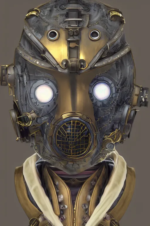 Image similar to steampunk mask minimalist fantasy art robot ninja helmet, global illumination ray tracing hdr fanart arstation by sung choi and eric pfeiffer and gabriel garza and casper konefal radiating a glowing aura