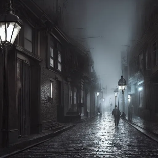 Image similar to victorian city street, dark, misty, at night, 8 k, detailed, concept art, trending on artstation