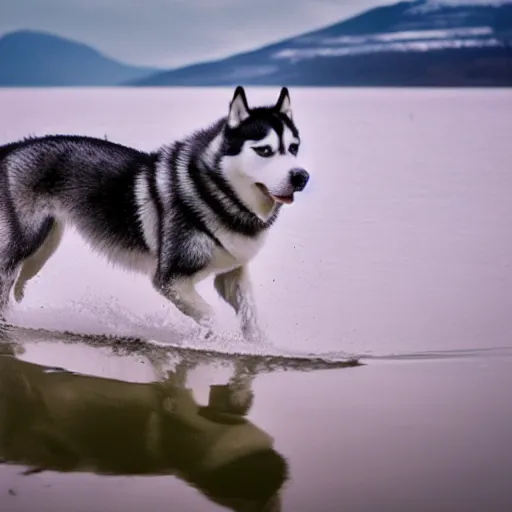 Image similar to Husky walks on water, 8k photography, cinematic