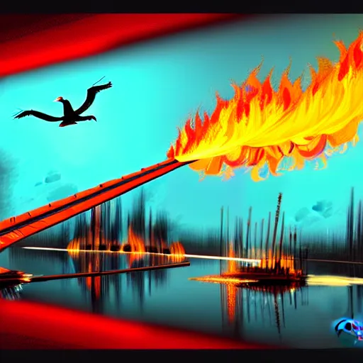 Image similar to in the lower part of the picture is the harp burning in the fire, above are cranes flying in flames, digital painting, concept art