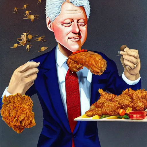 Image similar to a highly detailed, full length, gorgeous portrait of bill clinton, eating fried chicken