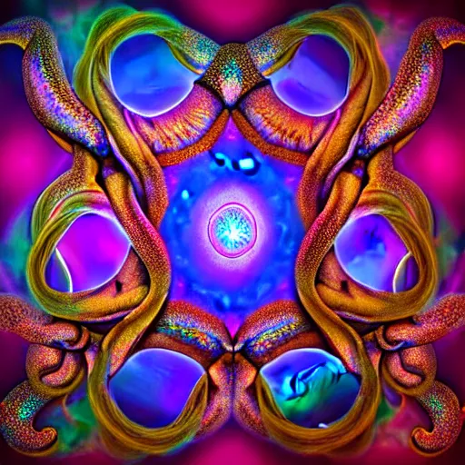 Image similar to a dramatic and beautiful digital matte painting of large iridescent octopus with legs made of fractal celtic knots, trending on cgartist, hi-fructose, mandala, string wall art, ultra detailed 8k