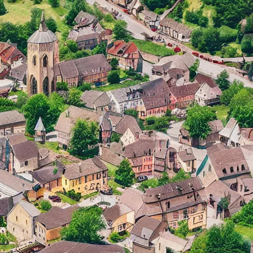 Prompt: aerial view of a small medieval town, rural, blacksmith, town square, church, cartographism!!!!