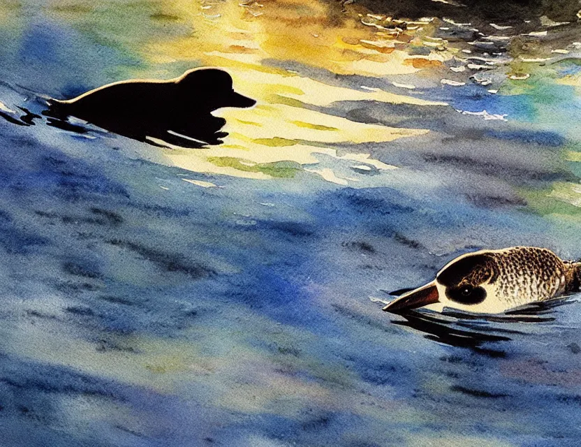 Prompt: a goldeneye swimming in a faraway lake. this watercolor painting by the award - winning comic artist has dramatic lighting, an interesting color scheme and great sense of depth.