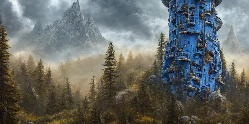 Prompt: blue tall spaceship tower covered by rusty lichen and pines on top of mountain, by amandine van ray and christophe vacher, cloudy, dreamy, detailed, 4k resolution