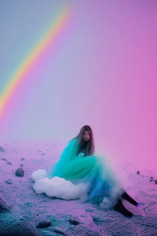 Image similar to high quality pastel coloured film close up wide angle photograph of a model wearing clothing resting on cloud furniture in a icelandic black rock environment in a partially haze filled dreamstate world. three point light, rainbow. photographic production. art directed. pastel colours. volumetric clouds. pastel gradient overlay. waves glitch artefacts. extreme facial clarity. 8 k. filmic.