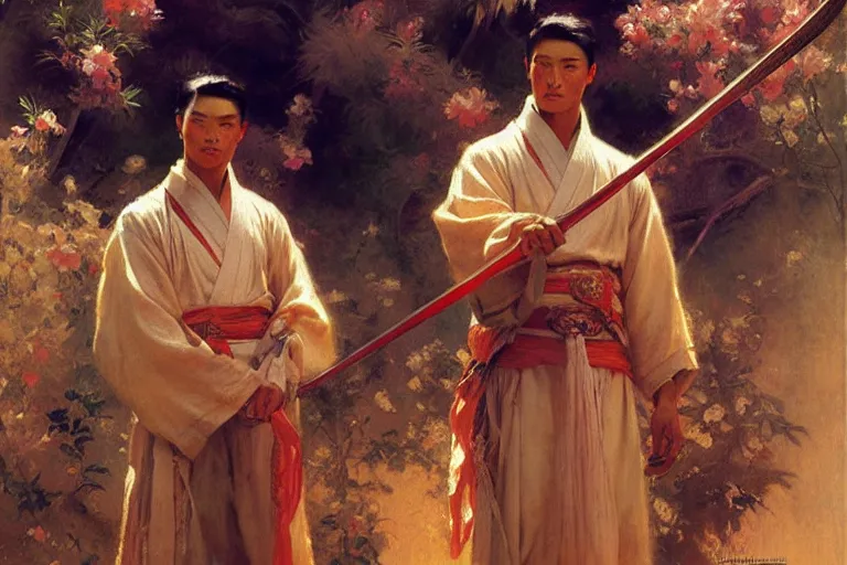 Prompt: wuxia, summer, attractive male, dreamy, painting by gaston bussiere, craig mullins, j. c. leyendecker