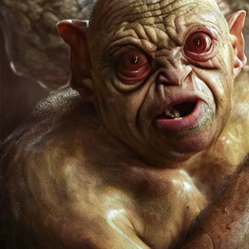 Image similar to hyperrealistic mixed media high resolution painting of Danny DeVito Gollum perched in a dark cave, stunning 3d render inspired art by Jamie Salmon and István Sándorfi and Unreal Engine and Greg Rutkowski, perfect facial symmetry, dim volumetric lighting, 8k octane beautifully detailed render, full body shot, post-processing, extremely hyper-detailed, intricate, epic composition, highly detailed attributes, highly detailed atmosphere, cinematic lighting, masterpiece, trending on artstation, very very detailed, masterpiece, stunning, flawless completion, lifelike texture, perfection,