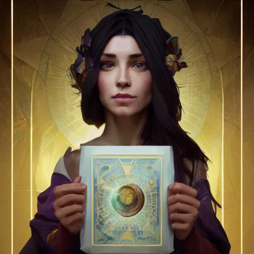 Image similar to a fortune teller holding a wrapped birthday gift with a confused look on their face, art by artgerm and greg rutkowski and alphonse mucha, concept art, octane render, unreal engine 5, highly detailed, high quality, 8 k, soft lighting, realistic face, path traced