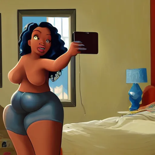 Image similar to stunning, coherent, beautiful painting, still of a giant man destroying a beautiful black bbw woman in her bed , she is taking a selfie of the creepy man is following her, 3d, in the style of pixar, comic book style, 3d, highly detailed, highly detailed, sharp focus, bokeh, depth of field, 16k resolution, Unreal Engine 5, coherent, cinematic lighting, photorealistic, by Zhang Jingna