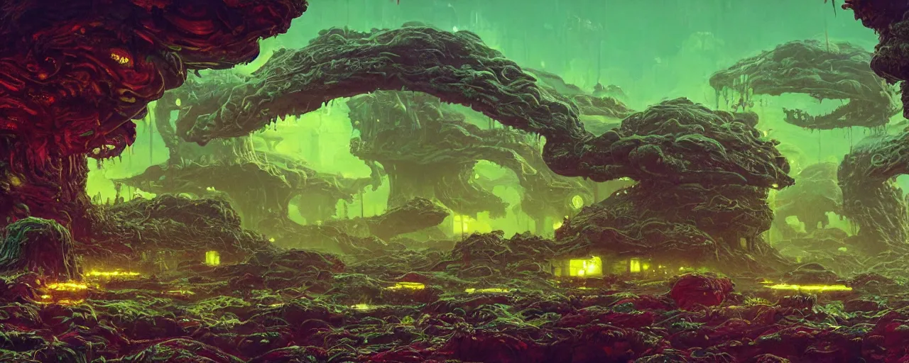 Image similar to ” slimy moist alien landscape, [ organic, liquid, disgusting, cinematic, detailed, epic, widescreen, opening, establishing, mattepainting, photorealistic, realistic textures, octane render, art by slop and paul lehr ] ”