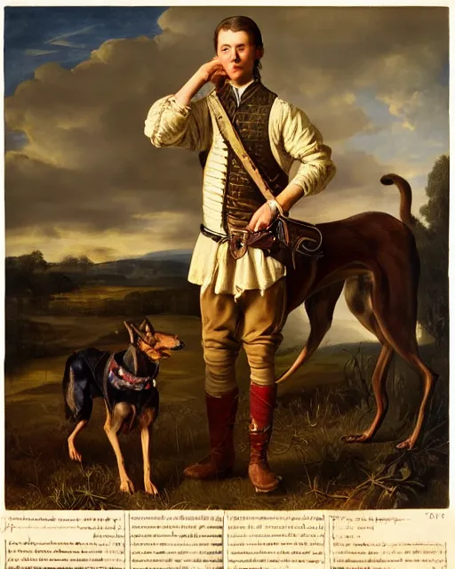 Prompt: intricate beautiful medium - shot, highly detailed, young man in hunting clothes of 1 7 th century with a greyhound dog, autumn field, cinematic lighting, highly detailed, digital art, renaissance painting, by leyendecker, by rutkowsky, by ernest huntley hart