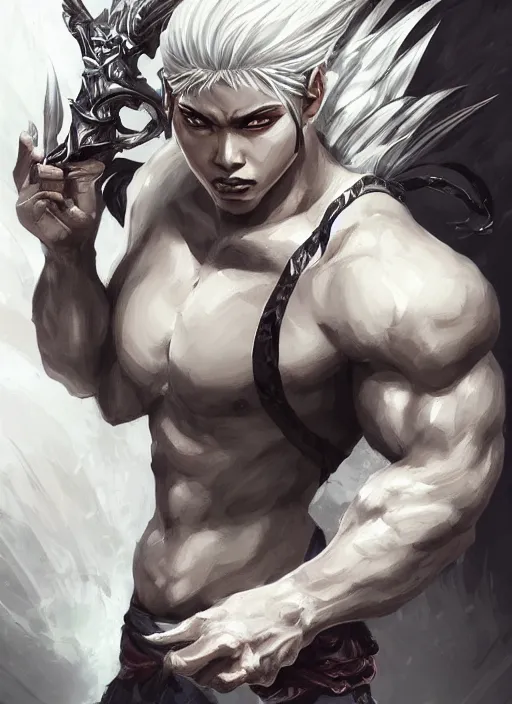 Image similar to a highly detailed illustration of fierce asian man with short white hair parted down middle, wearing white kimono with black shirt, with black sclera eyes, heroically battle posing, muscular, intricate, elegant, highly detailed, centered, digital painting, artstation, concept art, smooth, sharp focus, league of legends concept art, WLOP