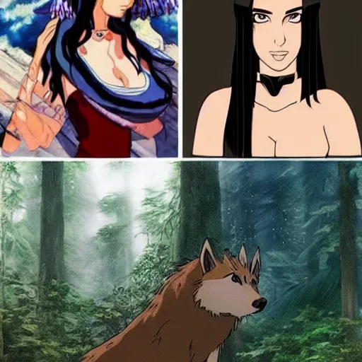 Image similar to megan fox as princess mononoke, comparison between live action and studio ghibli art