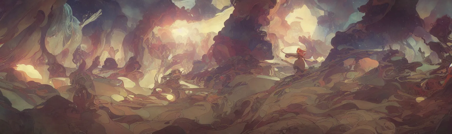 Prompt: a beautiful painting of a science fiction landscape, dynamic composition, dramatic, atmospheric, by alfons maria mucha and julie dillon and makoto shinkai