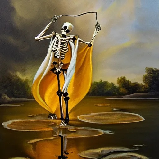 Prompt: oil painting of a skeleton wearing white robes scooping liquid out of a golden pond