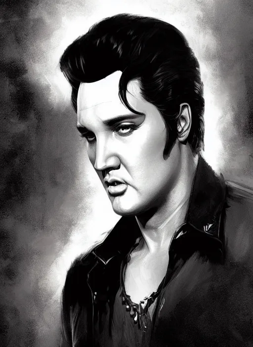 Image similar to Portrait of Elvis Presley, marvel comics, dark, intricate, highly detailed, smooth, artstation, digital illustration by Ruan Jia and Mandy Jurgens and Artgerm and Wayne Barlowe and Greg Rutkowski and Frank Frazetta