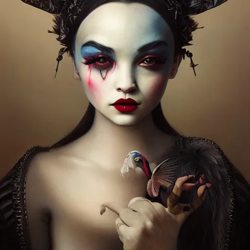 Image similar to tom bagshaw portrait, insanity and madness curiosities, beautiful asian mix of dove cameron madison beer bella poarch in a full dress body, clown makeup, professionally retouched, focus eyes, ultra realistic soft painting, insanely detailed linework, symmetrical accurate intricate features, behance, 8 k