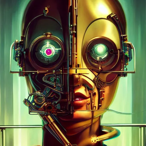 Image similar to detailed face of a clockwork biomechanical woman, moment, cyberpunk cloisters, electronic billboards, tech noir, wet reflections, prism, atmospheric, ambient, pj crook, syd mead, livia prima, greg rutkowski, edward hopper