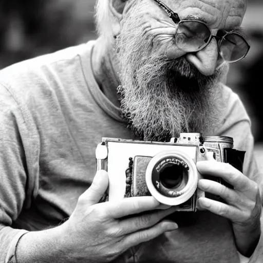 Prompt: cute cartoon character, beard grandpa taking a photo to a baby girl, old camera