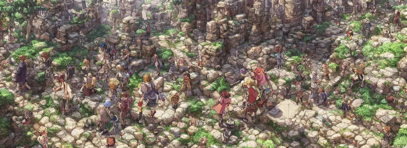 Image similar to standing and waiting just means we'll be showered by more boulders. get ready on the double! hyperrealistic anime illustration by iralki nadar, extremely detailed, intricate linework, super sharp focus, bright colors, octopath traveler, studio ghibli, unreal engine 5 highly rendered, global illumination, radiant light, detailed and intricate environment