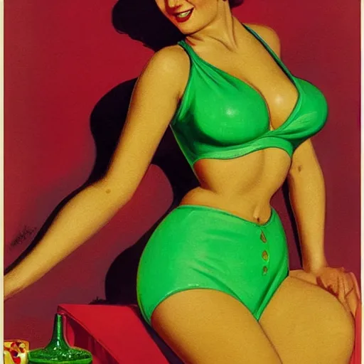 Prompt: portrait of pin up girl in a neon green bikini, art by gil elvgren, earl moran, joyce ballantyne, art frahm