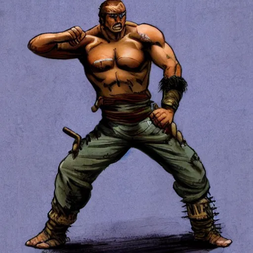 Prompt: a post-apocalyptic martial artist in the style of leonard boyarsky in the style of Frank Frazetta detailed realistic