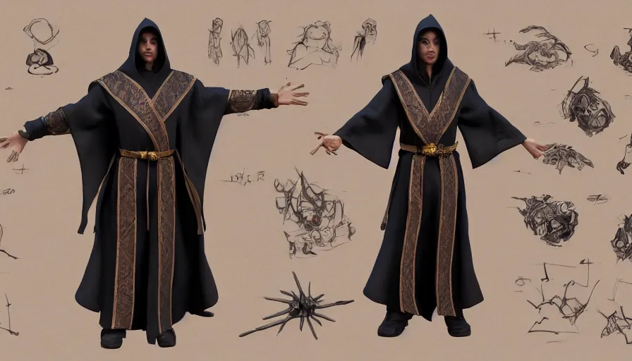 Image similar to t-pose of wizard, magic belt, elaborate robes, hood, character design sheet, character reference sheet, TPose, t-pose, straight arms, 3d marketplace, different angles, octane render, ray tracing, unreal engine 5, DAZ, zbrush, 8k ultra HD,