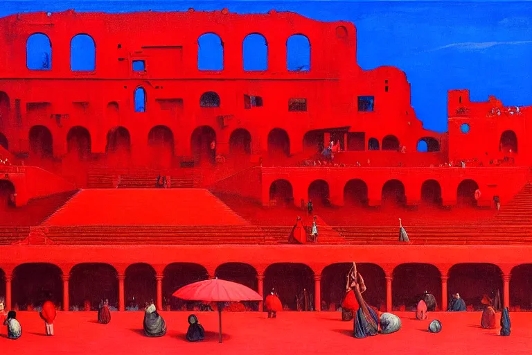 Image similar to only with red, a red great emperor, taormina amphitheatre, expressive crowd hails him, in the style of beksinski, parts by edward hopper, parts by rodcenko, parts by yue minjun, intricate and epic composition, red by caravaggio, insanely quality, highly detailed, masterpiece, red light, artstation, 4 k